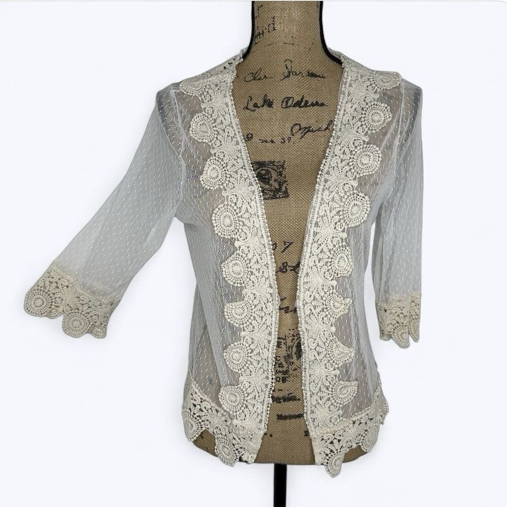 ISSI Sheer Mesh Cardigan Sz M Ivory Crochet Lace Romantic Dainty Boho Festival‎